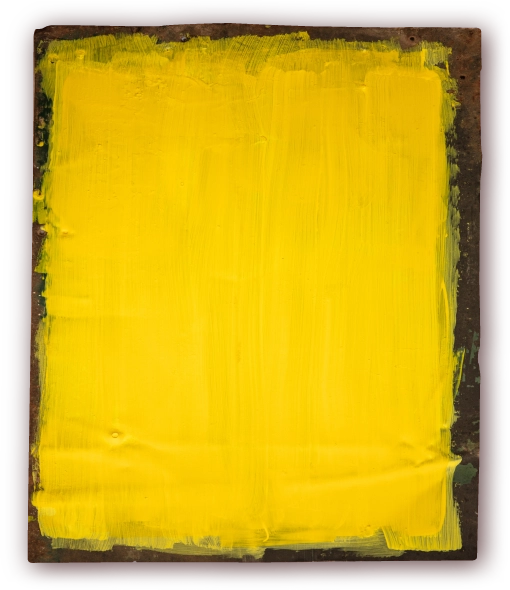 Decorative piece of dark wood with yellow paint