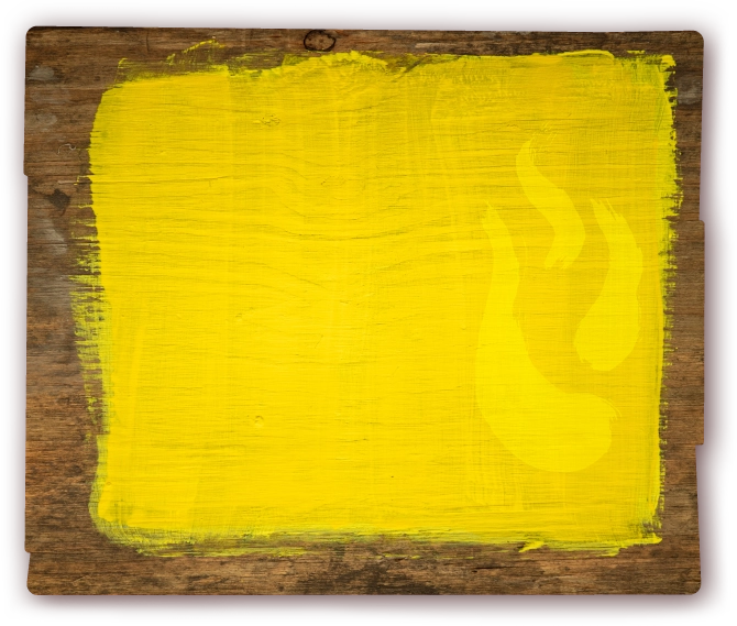 Decorative wide piece of wood with yellow paint