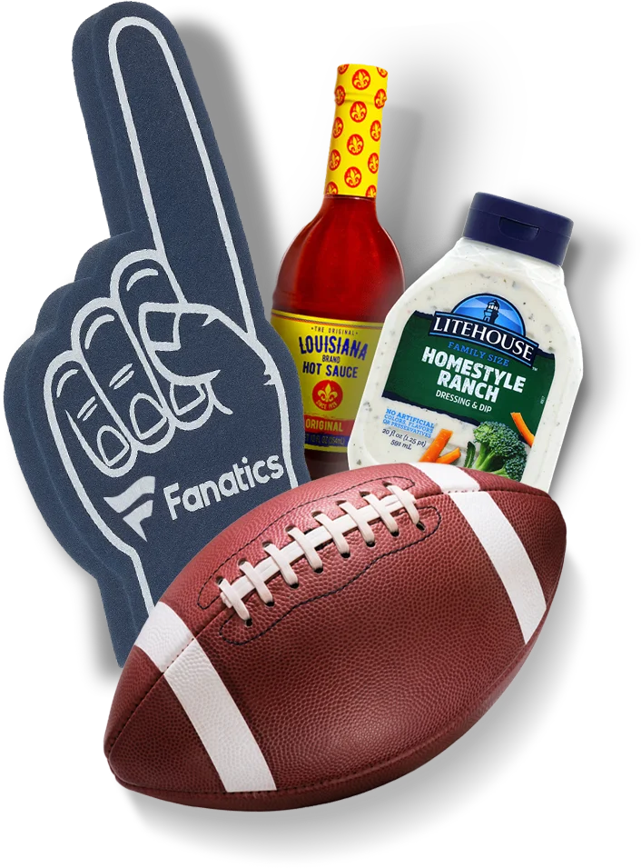 Louisiana Hot Sauce bottle, Litehouse Homestyle Ranch bottle, Fanatics foam finger, and a football