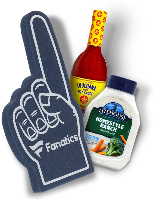 Louisiana Hot Sauce bottle, Litehouse Homestyle Ranch bottle, and Fanatics foam finger