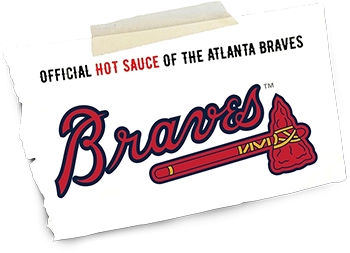 A taped piece of paper with the Atlanta Braves logo, Official Hot Sauce of the Atlanta Braves