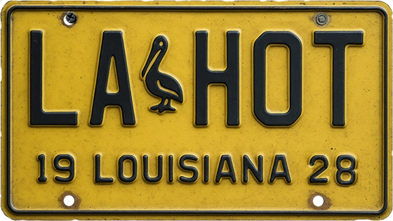 A yellow Louisiana Hot Sauce license plate