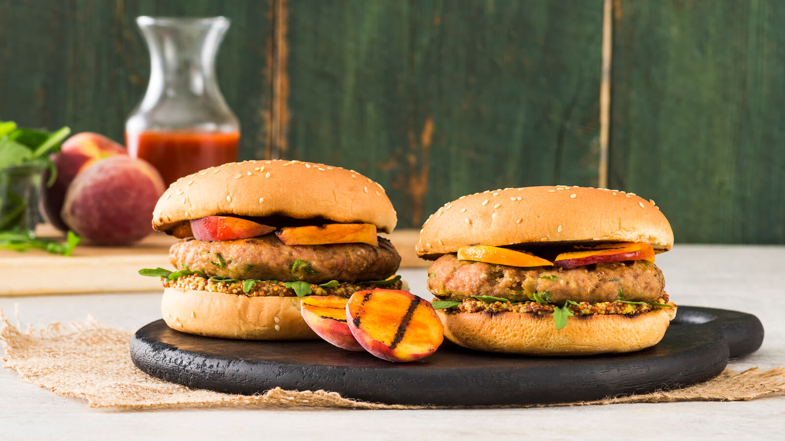 Grilled Chicken and Peach Burgers Louisiana Hot Sauce