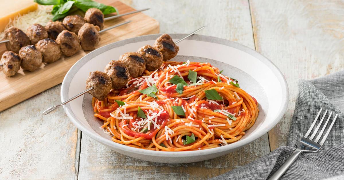 Spaghetti and Grilled Meatball Skewers - Louisiana Hot Sauce
