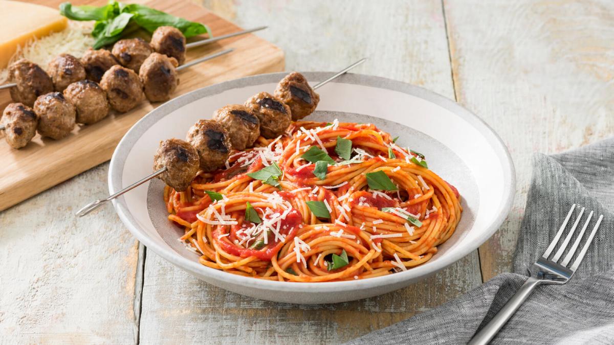 Spaghetti and Grilled Meatball Skewers