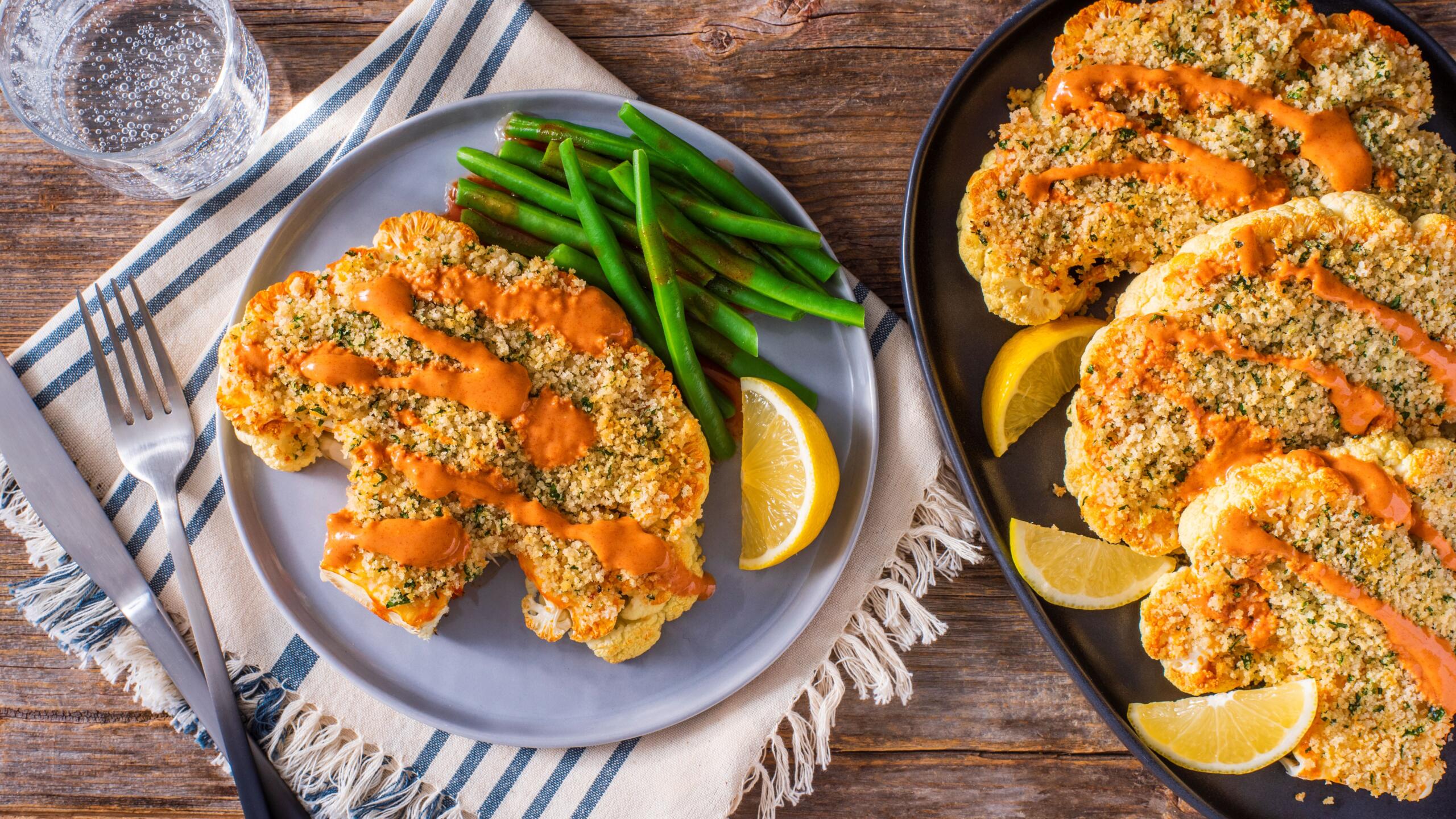 HerbCrusted Cauliflower Steaks with Green Beans Louisiana Hot Sauce