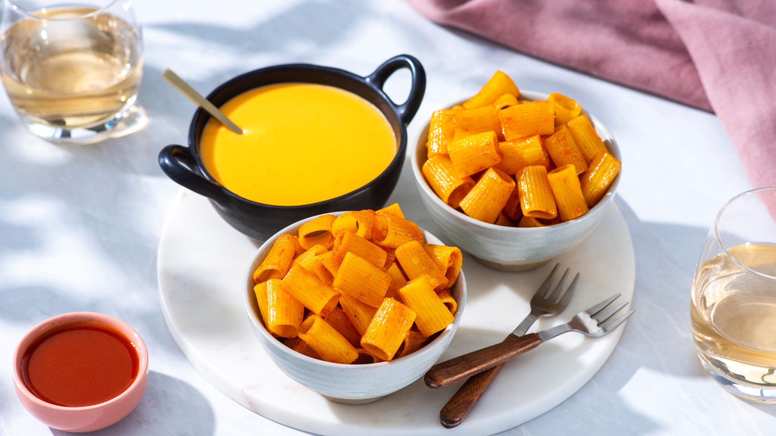 Pasta Chips with Spicy Cheese Sauce Louisiana Hot Sauce