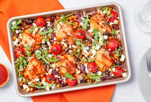 Spicy Garlic Chicken Sheet Pan with Tomato and Feta recipe